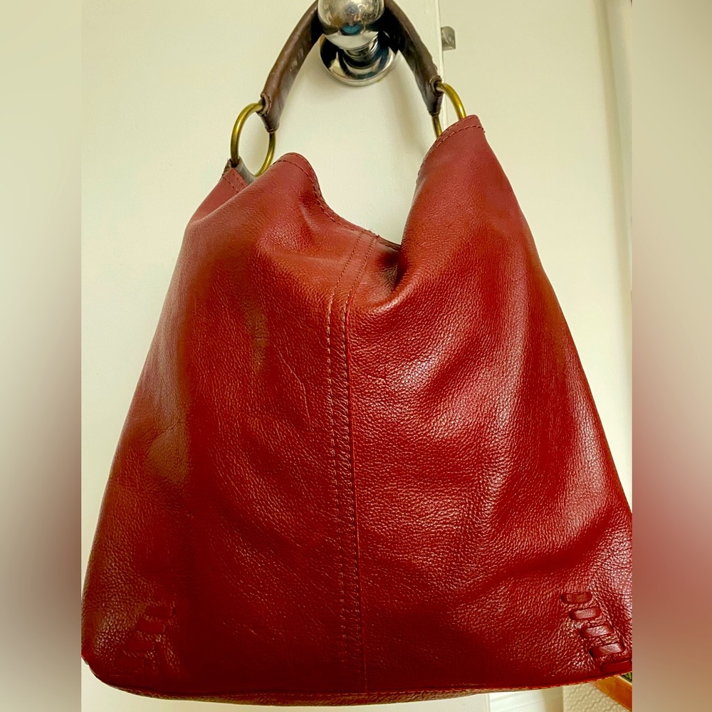 Red leather handbag